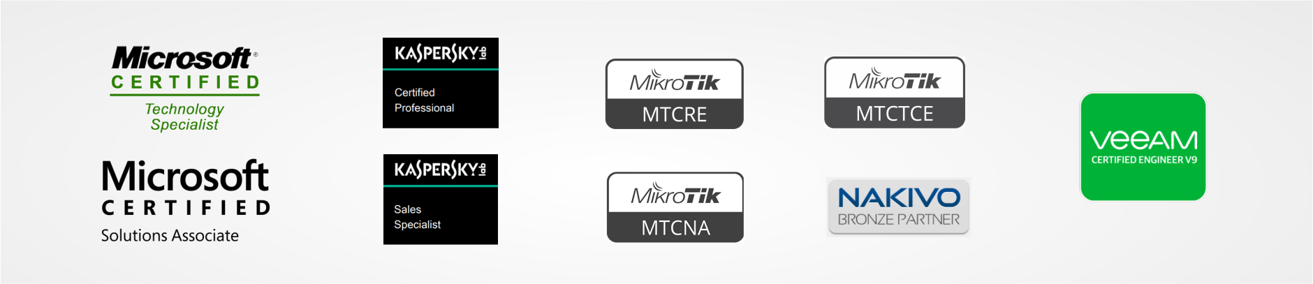 Certifikati: Microsoft Certified Technology Specialist in Solutions Associate; Kaspersky Certified Professional in Sales Specialist; MikroTik MTCRE, MTCTCE in MTCNA; NAKIVO Bronze Partner; Veeam Certified Engineer V9.